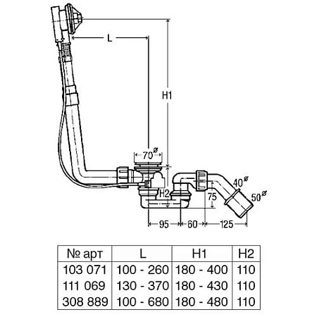 Слив-перелив Viega Multiplex 111069 полуавтомат, для нестандартных ванн, без накладок
