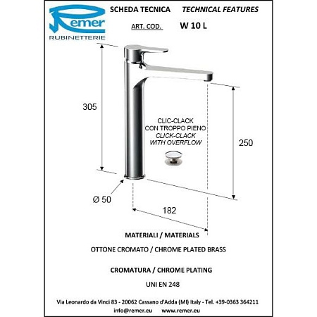 Смеситель Remer Winner W10L для раковины, хром
