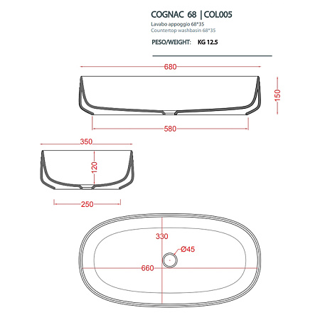 Раковина ArtCeram Cognac COL005 05;00 68 белый матовый