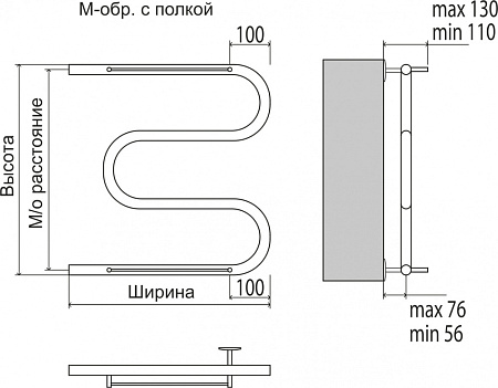 Полотенцесушитель водяной Terminus M-образный 400х632 с полкой, хром