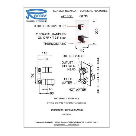 Смеситель Remer Q-Elegance QT93 для ванны с душем, хром