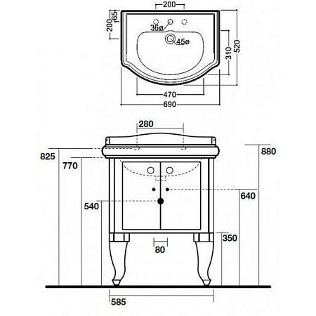 Тумба с раковиной Kerasan Retro 7361K5 69 белый
