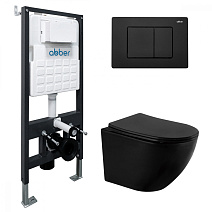 Комплект подвесной унитаз ABBER Bequem AC1100MB с инсталляцией и кнопкой, черный матовый