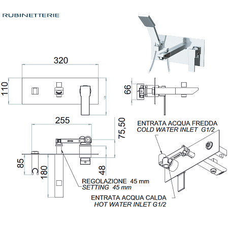 Смеситель Remer Qubica Q04 для ванны с душем, хром