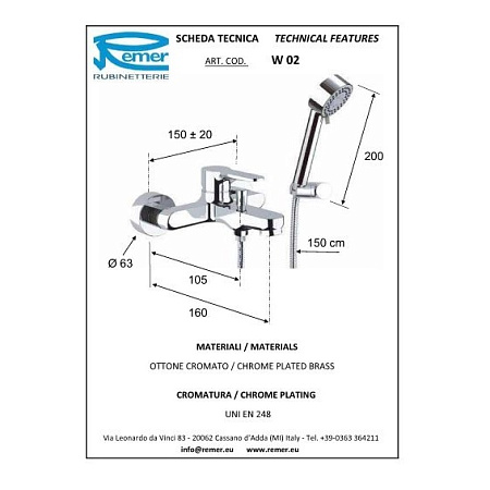 Смеситель Remer Winner W02 для ванны с душем, хром