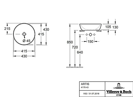 Раковина Villeroy & Boch Artis 417943BCW5 43х43 см, Cedar зеленый
