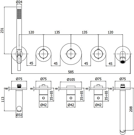 Смеситель Paffoni Modular Box MDE001HGSP для ванны с душем, золото