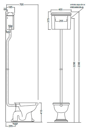 Унитаз Kerasan Retro 101001 с высоким бачком, вертикальный выпуск, фурнитура хром