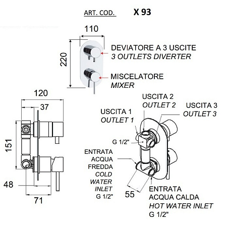 Смеситель Remer X Style X93 для ванны с душем, хром