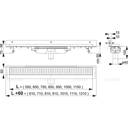 Душевой лоток AlcaPlast APZ1104-650 650 с порогами, с регулируемым краем к стене, вертикальный сток