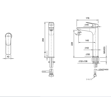 Смеситель Bravat Rhein F1429564BW-A-ENG для раковины, черный матовый