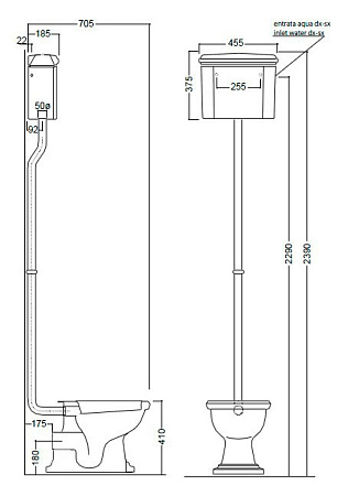 Унитаз Kerasan Retro 101101 с высоким бачком, горизонтальный выпуск, фурнитура хром