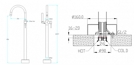 Смеситель Boheme Uno 469-NB для ванны с душем, напольный, никель брашированный