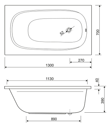 Акриловая ванна Cezares Eco ECO-130-70-40-W37 130x70 белый