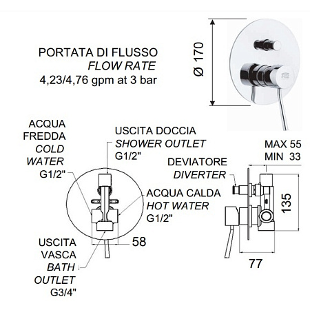 Смеситель Remer Minimal N09L для душа/ванны, хром