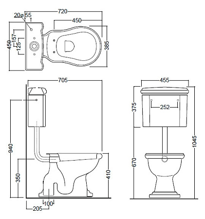 Унитаз Kerasan Retro 101001 со средним бачком, вертикальный выпуск, фурнитура бронза