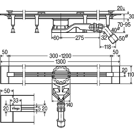 Душевой лоток Viega Advantix Vario 721671 L300–1200 BH70–95 укорачиваемый