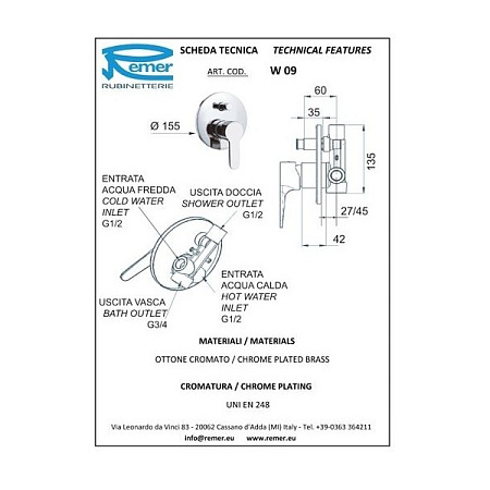 Смеситель Remer Winner W09 для душа/ванны, хром