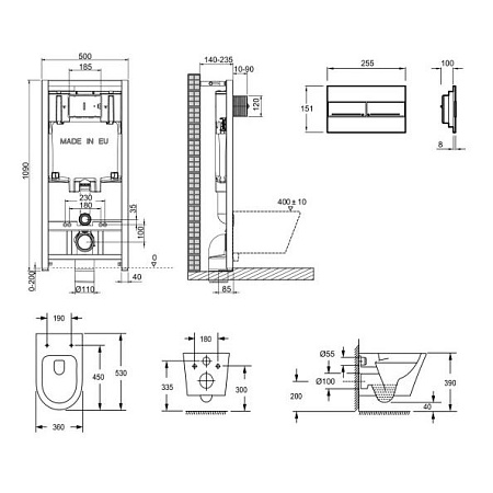 Комплект унитаз Jacob Delafon Rodin+ E21751RU-00 + инсталляция + кнопка + крышка