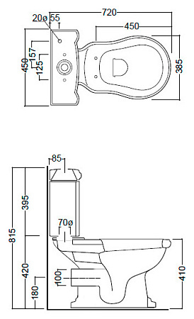 Унитаз-компакт Kerasan Retro 101301 горизонтальный выпуск,ручка смыва справа, фурнитура бронза