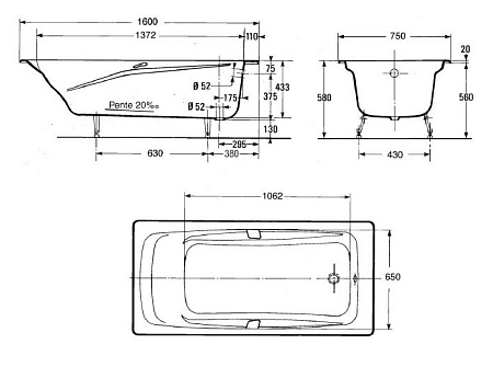 Чугунная ванна Jacob Delafon Repos E2929-00 с отверстиями для ручек