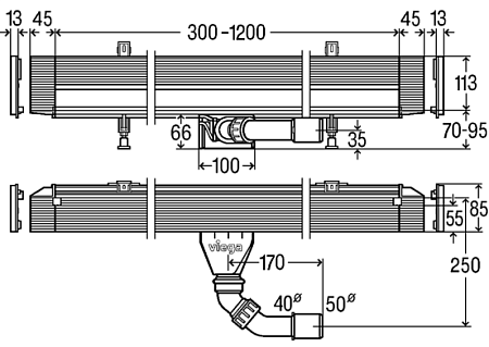 Душевой лоток Viega Advantix Vario 4968.10 736736 L300–1200 BH70–100 для пристенного монтажа